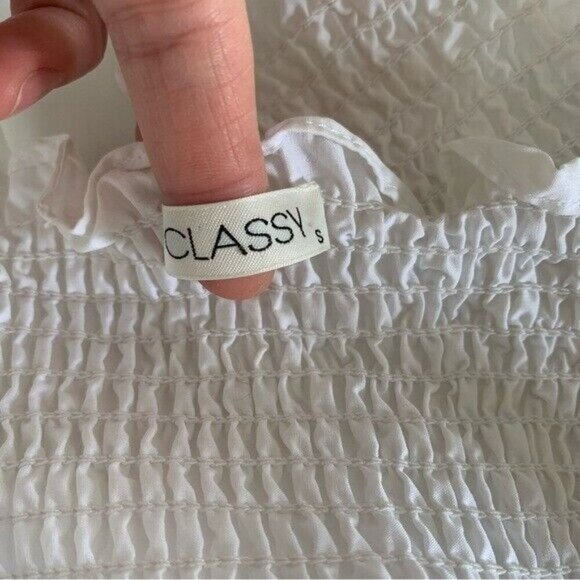 CLASSY White Cotton Ruffle Smocked Mini Dress Cottagecore Style Small - Picture 5 of 6